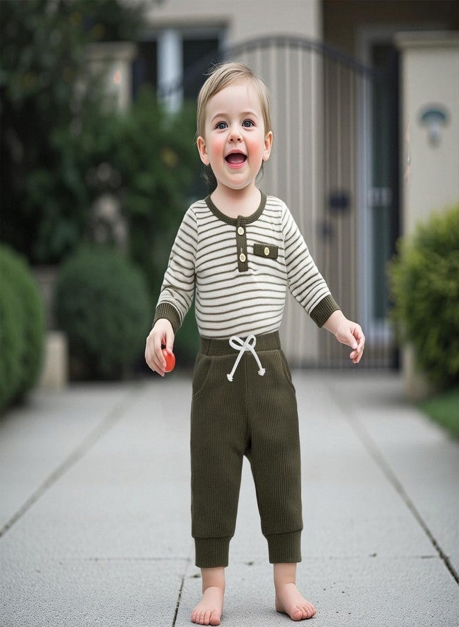 FOMOYUU Newborn Baby Boy Clothes Waffle Striped Long Sleeve Sweatshirt Pullover Tops and Pants Sets Fall Winter Outfits (Green, 6-12 Months) - Image 4