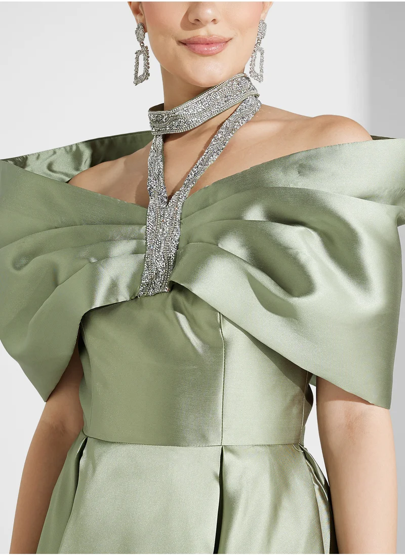 Namshi x Off Shoulder Crystal Embellished Bow Bodice A Line Dress