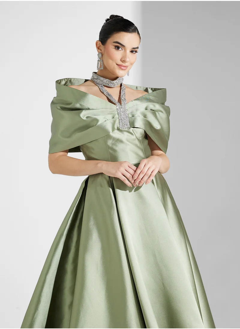 Namshi x Off Shoulder Crystal Embellished Bow Bodice A Line Dress