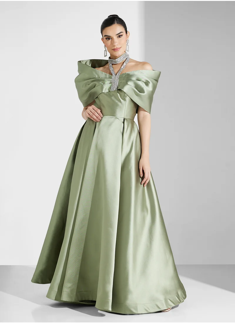 Namshi x Off Shoulder Crystal Embellished Bow Bodice A Line Dress