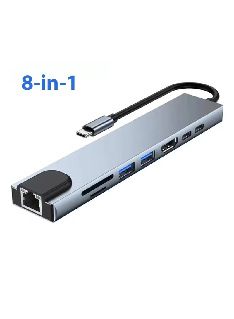 هوميفا محول USB-C إلى HDMI متعدد المنافذ 8 في 1 مع منفذ إيثرنت RJ45، ومنفذ USB 3.0 بسرعة 5 جيجابت في الثانية، وقارئ بطاقات SD/TF - قاعدة توصيل متعددة المنافذ من النوع C لأجهزة MacBook Pro و iPad Pro و Dell XPS وأجهزة الكمبيوتر المحمولة - Image 1