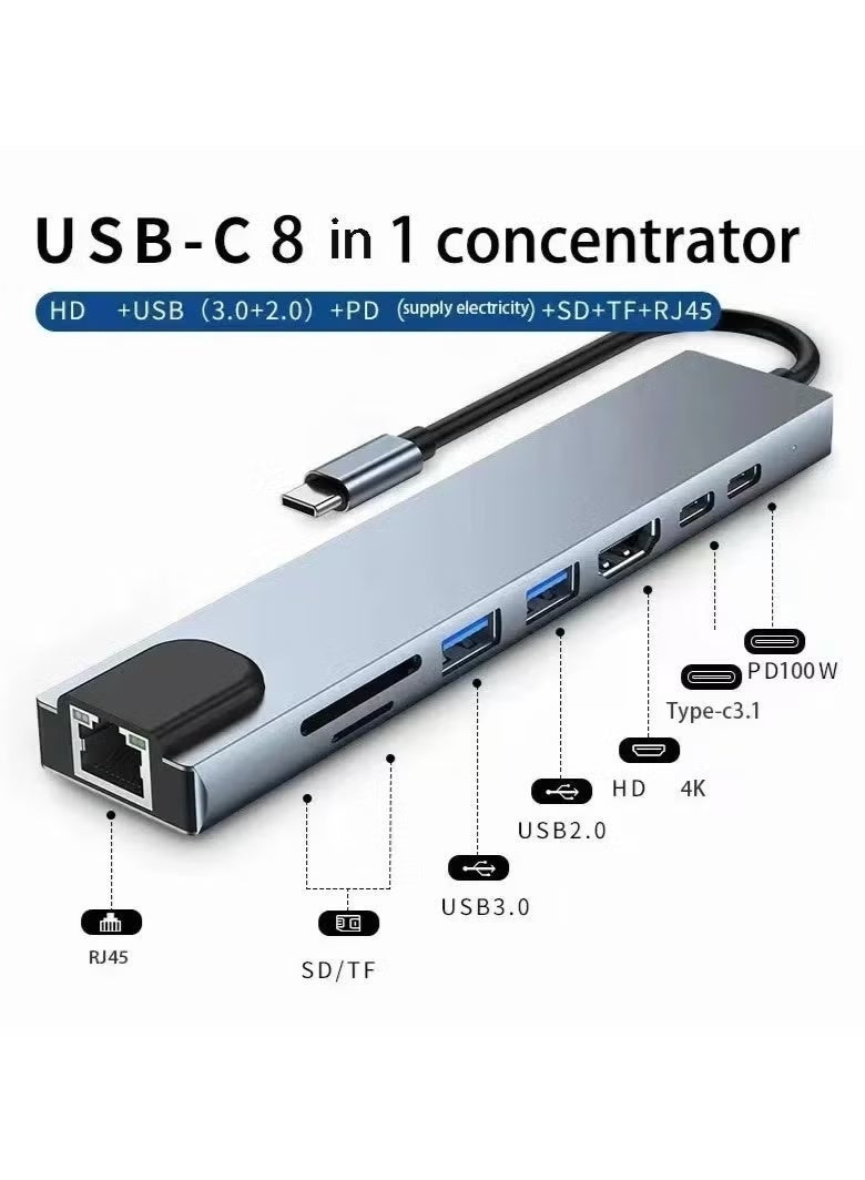 هوميفا محول USB-C إلى HDMI متعدد المنافذ 8 في 1 مع منفذ إيثرنت RJ45، ومنفذ USB 3.0 بسرعة 5 جيجابت في الثانية، وقارئ بطاقات SD/TF - قاعدة توصيل متعددة المنافذ من النوع C لأجهزة MacBook Pro و iPad Pro و Dell XPS وأجهزة الكمبيوتر المحمولة - Image 2