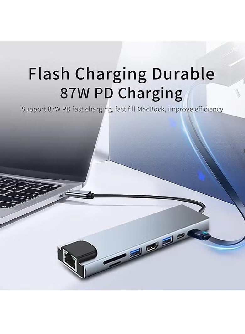 هوميفا محول USB-C إلى HDMI متعدد المنافذ 8 في 1 مع منفذ إيثرنت RJ45، ومنفذ USB 3.0 بسرعة 5 جيجابت في الثانية، وقارئ بطاقات SD/TF - قاعدة توصيل متعددة المنافذ من النوع C لأجهزة MacBook Pro و iPad Pro و Dell XPS وأجهزة الكمبيوتر المحمولة - Image 3