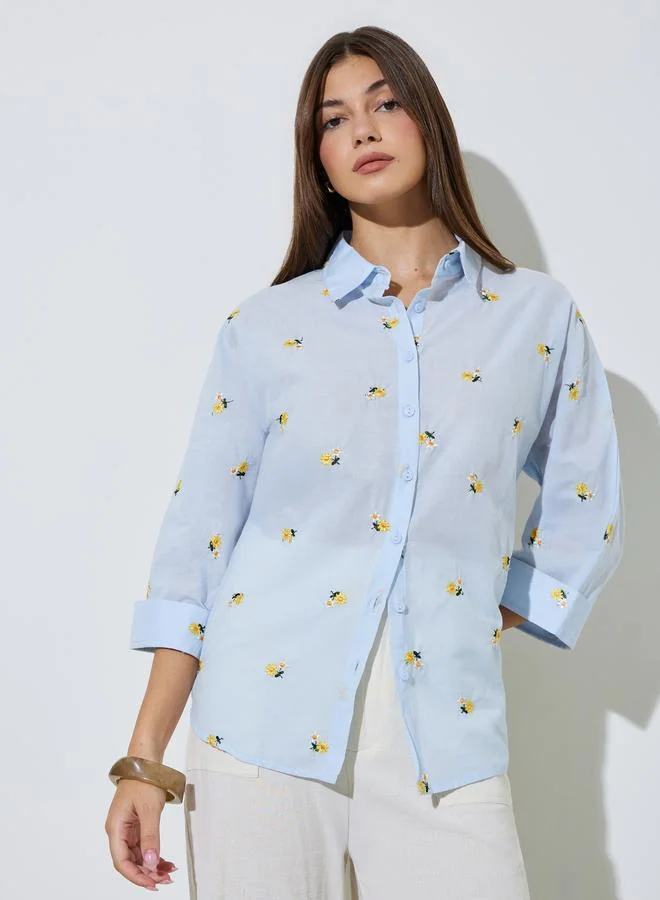 Styli Light Blue Floral Embroidered Relaxed Fit Shirt