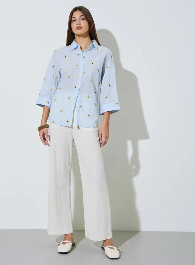 Styli Light Blue Floral Embroidered Relaxed Fit Shirt