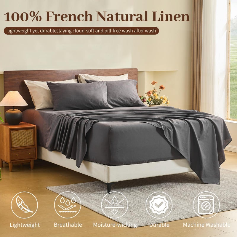MEISHANG 100% French Pure Linen Sheets King Size - Extra Deep Pocket Sheet Set, Soft Durable Flax Linen, Anti-Tear Breathable & Oeko-Tex Certified 18-24 Deep Pocket,All Season(Dark Grey) - Image 2