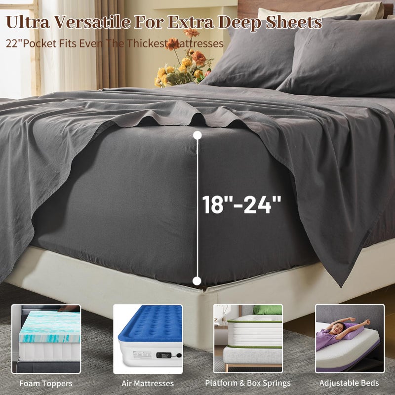 MEISHANG 100% French Pure Linen Sheets King Size - Extra Deep Pocket Sheet Set, Soft Durable Flax Linen, Anti-Tear Breathable & Oeko-Tex Certified 18-24 Deep Pocket,All Season(Dark Grey) - Image 4