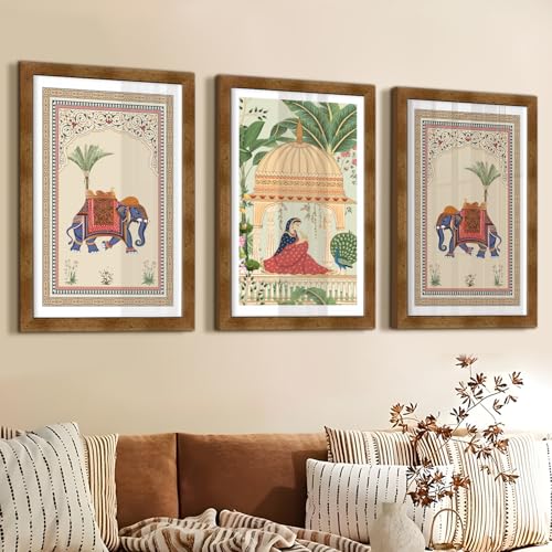 PAPER PLANE DESIGN Mughal Vintage Ethnic Aesthetic Wall Art | Set of 3 | Glossy Finish Golden Box Frames with Acrylic Sheet for Elegant Home & Office Décor. (B) - Image 1