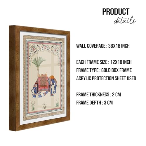 PAPER PLANE DESIGN Mughal Vintage Ethnic Aesthetic Wall Art | Set of 3 | Glossy Finish Golden Box Frames with Acrylic Sheet for Elegant Home & Office Décor. (B) - Image 4