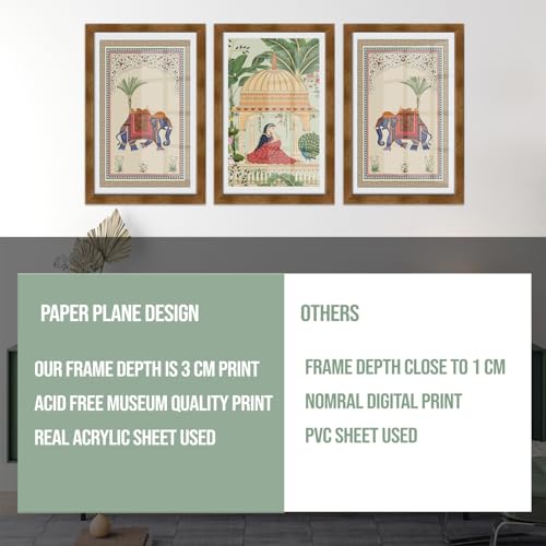 PAPER PLANE DESIGN Mughal Vintage Ethnic Aesthetic Wall Art | Set of 3 | Glossy Finish Golden Box Frames with Acrylic Sheet for Elegant Home & Office Décor. (B) - Image 5
