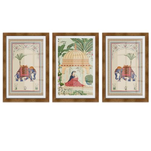 PAPER PLANE DESIGN Mughal Vintage Ethnic Aesthetic Wall Art | Set of 3 | Glossy Finish Golden Box Frames with Acrylic Sheet for Elegant Home & Office Décor. (B) - Image 2