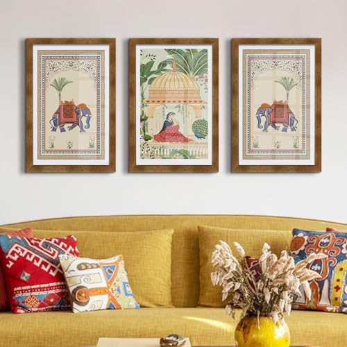 PAPER PLANE DESIGN Mughal Vintage Ethnic Aesthetic Wall Art | Set of 3 | Glossy Finish Golden Box Frames with Acrylic Sheet for Elegant Home & Office Décor. (B) - Image 3