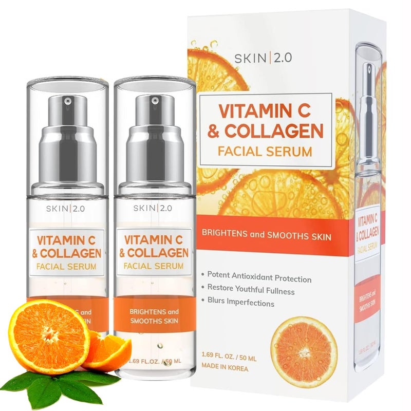 Skin 2.0 Vitamin C Serum with Collagen - Anti-Aging & Dark Spot Remover - Dermatologist Tested Korean Skincare for Brightening & Acne - Clean Beauty, Cruelty-Free, All Skin Types - 1.69oz (2-Pack) - Image 1