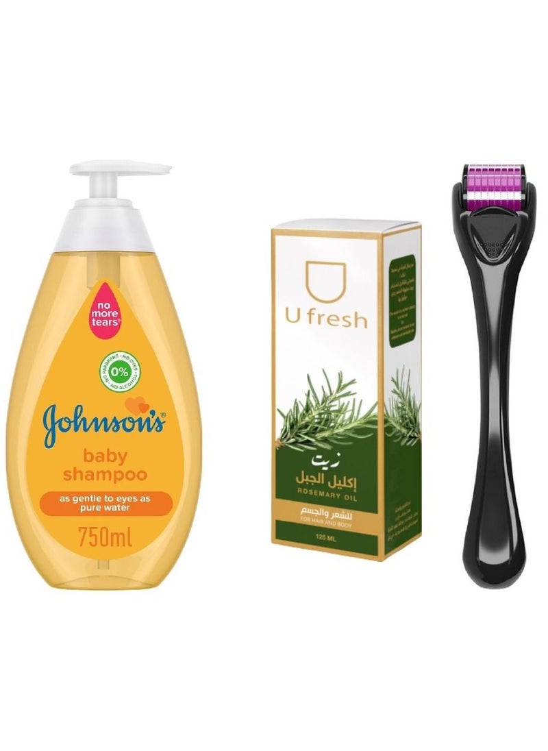 U fresh Rosemary oil for hair and body 125ml And Needle Roller System Black And Johnson's Baby Shampoo 750ml  - Image 1