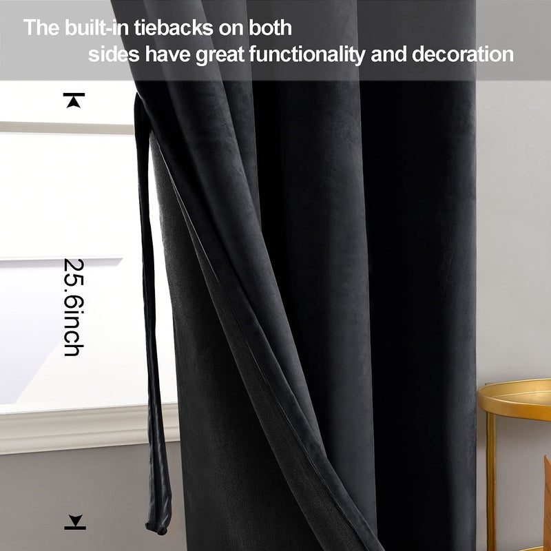 JIUZHEN Black 60 x 84 inches Velvet Blackout Curtains - Extra Wide Insulated Window Covering Noise Absorbing & Privacy Protect Drapes for Living Room/Indoor Decorations  Set of 2 with Tiebacks - Image 3