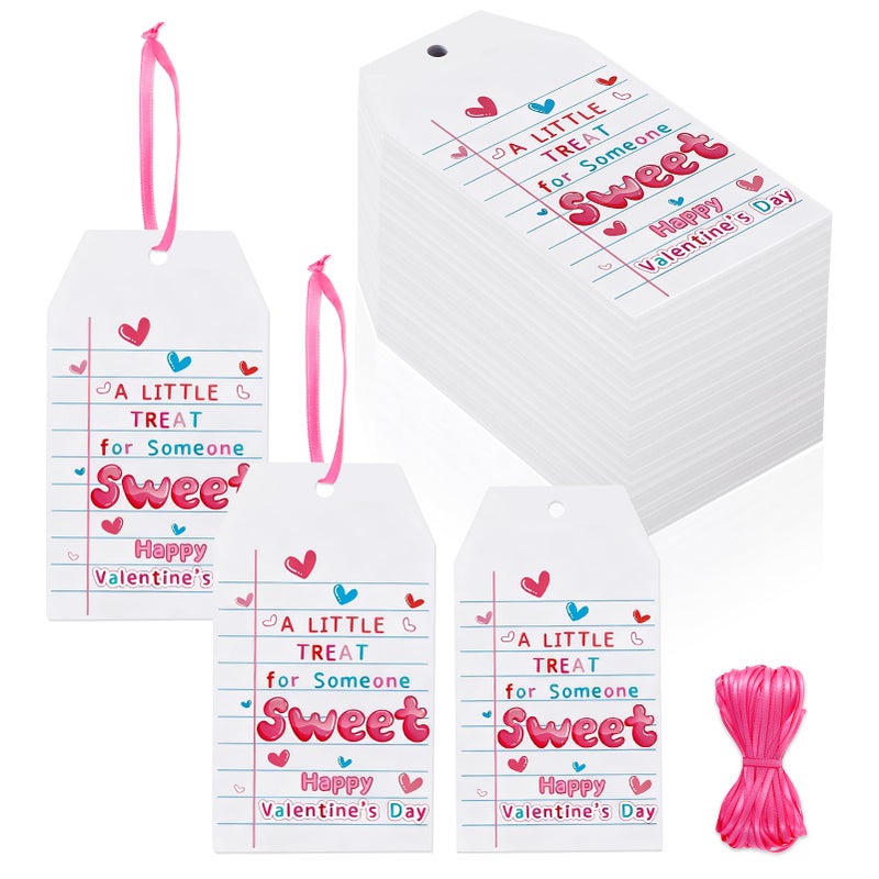 FOGWOWO 100 Pcs Valentine Tags Tie on Valentine's Day Gift Tags with Pink Satin Ribbon A Little Treat for Someone Sweet Tags Happy Valentine's Day Paper Gift Tags for Present Holiday Favors Wrapping Supplies - Image 1