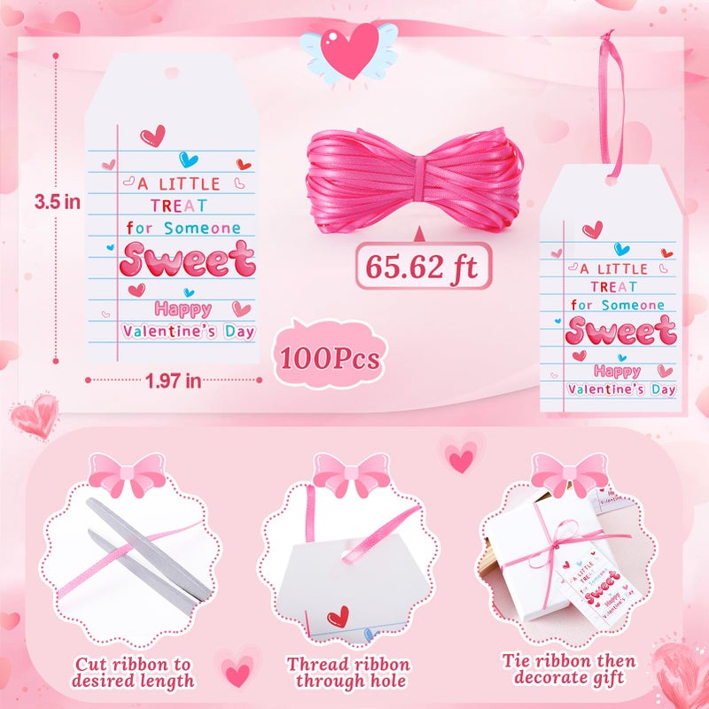 FOGWOWO 100 Pcs Valentine Tags Tie on Valentine's Day Gift Tags with Pink Satin Ribbon A Little Treat for Someone Sweet Tags Happy Valentine's Day Paper Gift Tags for Present Holiday Favors Wrapping Supplies - Image 2
