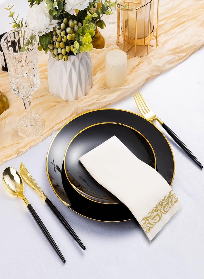 Bestluck 175PCS Black Plastic Dinnerware Set with Gold Rim, 50 Black and Gold Party Plates with 25 Plastic Cutlery, 25 Napkins and 25 Cups for Wedding, Party - Image 3
