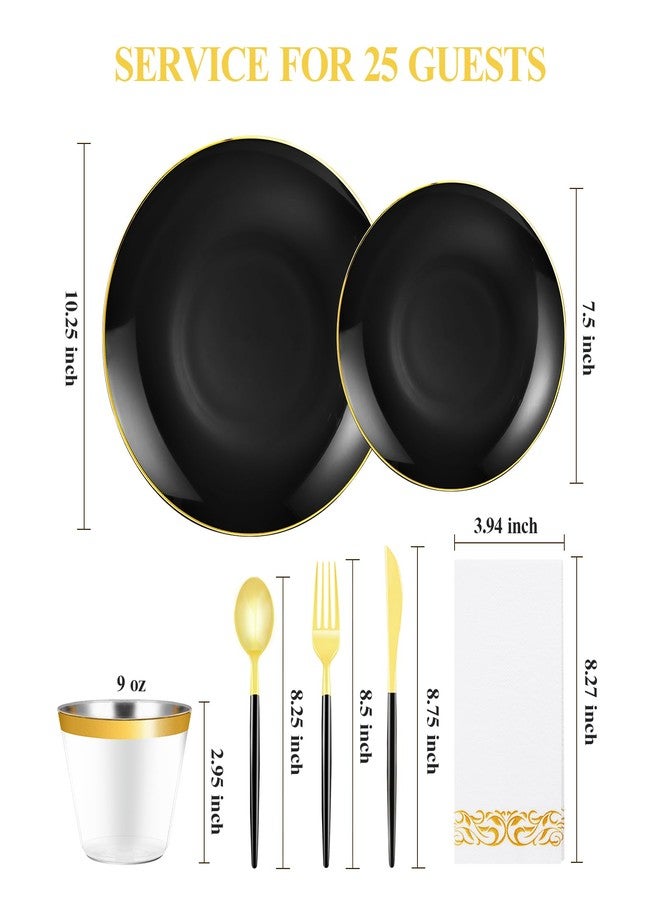 Bestluck 175PCS Black Plastic Dinnerware Set with Gold Rim, 50 Black and Gold Party Plates with 25 Plastic Cutlery, 25 Napkins and 25 Cups for Wedding, Party - Image 2