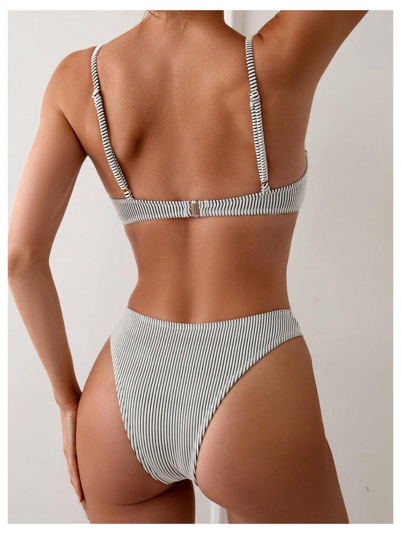 SweatyRocks Women's 2 Piece Bikini Set Striped Print Spaghetti Strap Push Up Swimsuit Black and White Small - Image 2