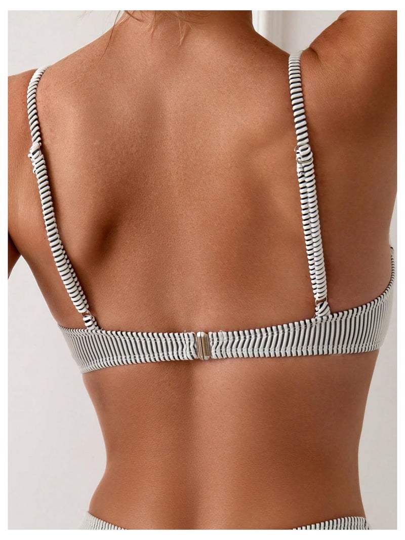 SweatyRocks Women's 2 Piece Bikini Set Striped Print Spaghetti Strap Push Up Swimsuit Black and White Small - Image 4