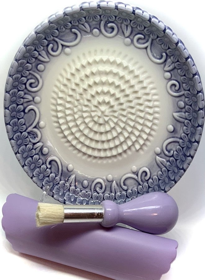 BonCera, All-in-one Premium Ceramic Garlic Grater Plate 4-Piece Set - Purple Embossed Design and Style - For Garlic, Ginger, Chocolate, and more! - Comes with 5.25" Plate, Peeler, Brush, and Stand - Image 1