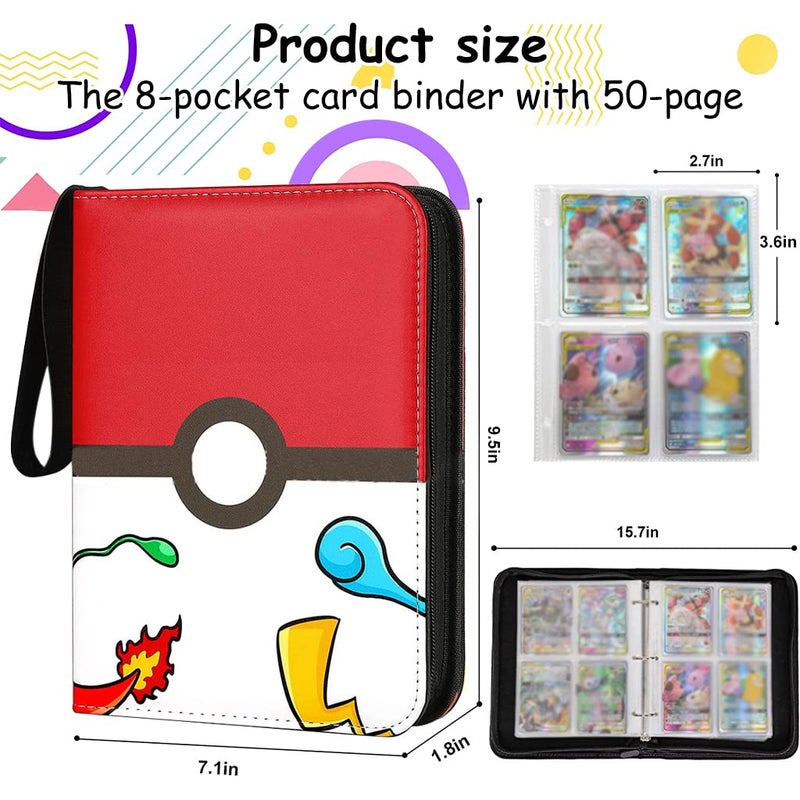 Patpat Pokemon Binder - Cards Collector Album Holder for 400 Cards, Cartoon Prints Zipper Bag, Trading Card Collection Case, Gift for Kids Boys Girls - Red - Image 3