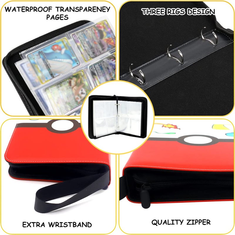 Patpat Pokemon Binder - Cards Collector Album Holder for 400 Cards, Cartoon Prints Zipper Bag, Trading Card Collection Case, Gift for Kids Boys Girls - Red - Image 5