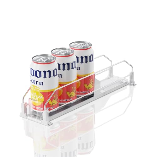 JUNMEI Drink Organizer for Mini Fridge,12oz 16oz 20oz - Soda Can Dispenser for Refrigerator,Width Adjustable,Automatic Pusher Glide (White (Mini 12.2" D), 12.2" D 4ROW, Holds 16 Cans) - Image 1
