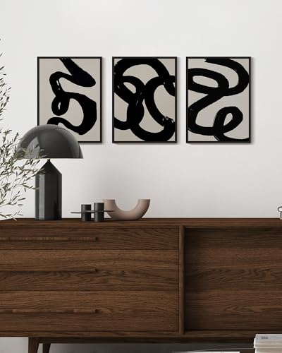 PHOPAGO Black Abstract Wall Art Ink Wash Minimalist Lines Framed Canvas Painting Artwork 11x14in Black Framed - Image 2