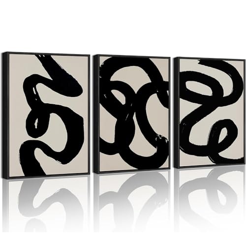PHOPAGO Black Abstract Wall Art Ink Wash Minimalist Lines Framed Canvas Painting Artwork 11x14in Black Framed - Image 1