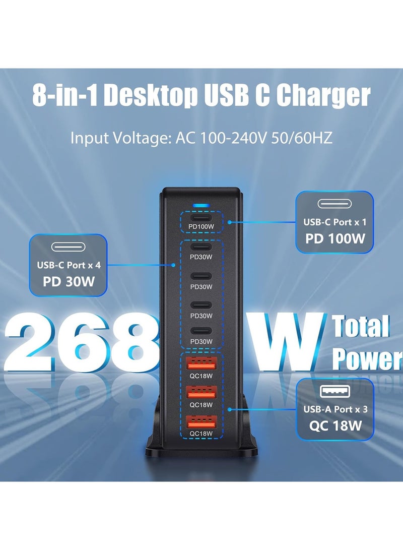 268W USB C Charger, GaN 8 Port Fast Charging Station Type C Hub, PD 100W Laptop Charger Adapter for MacBook Air, Galaxy S24 S23 S22 Ultra, iPhone 15 14 13, and iPad Pro (Black)  - Image 2