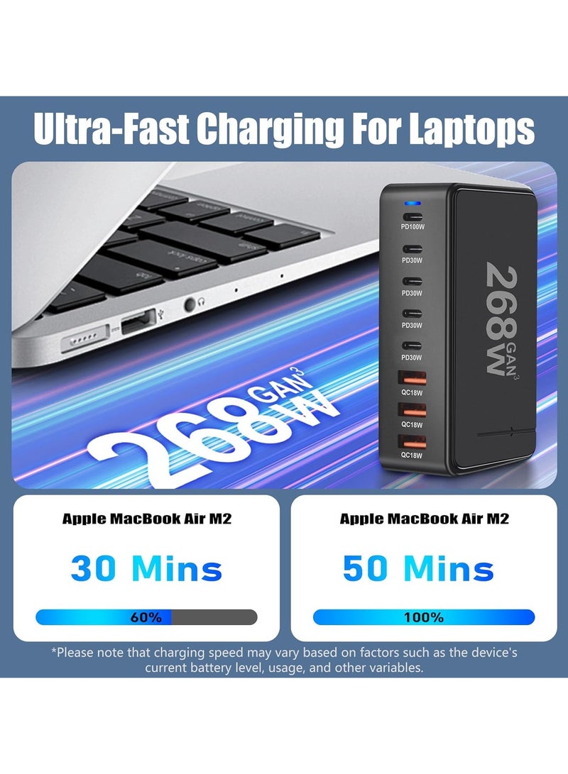 268W USB C Charger, GaN 8 Port Fast Charging Station Type C Hub, PD 100W Laptop Charger Adapter for MacBook Air, Galaxy S24 S23 S22 Ultra, iPhone 15 14 13, and iPad Pro (Black)  - Image 4