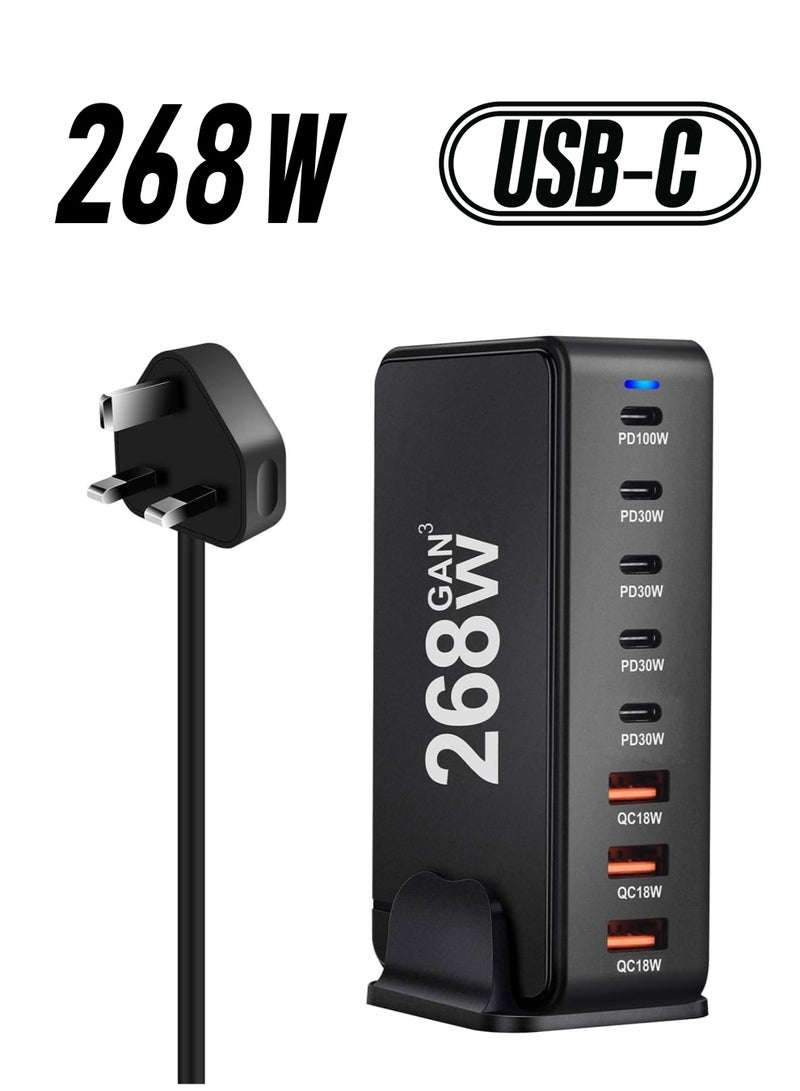268W USB C Charger, GaN 8 Port Fast Charging Station Type C Hub, PD 100W Laptop Charger Adapter for MacBook Air, Galaxy S24 S23 S22 Ultra, iPhone 15 14 13, and iPad Pro (Black)  - Image 1
