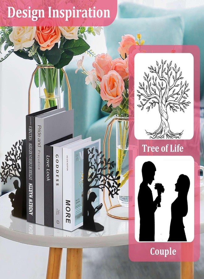 ENCIMART Tree of Life Bookends Decorative Couple Book Ends for Shelves, Black Metal Bookends for Heavy Books, Book Organizer for Desk Bookshelf Home Office Book Stopper Valentines Day Gifts for her - Image 2