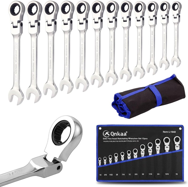 مجموعة مفاتيح ربط عكسية مرنة من ، 12 قطعة، قياس SAE من 1/4 إلى 7/8 بوصة، مفاتيح ربط قياسية ذات حلقة تروس ورأس مرن (معيار أمريكي) - Image 1