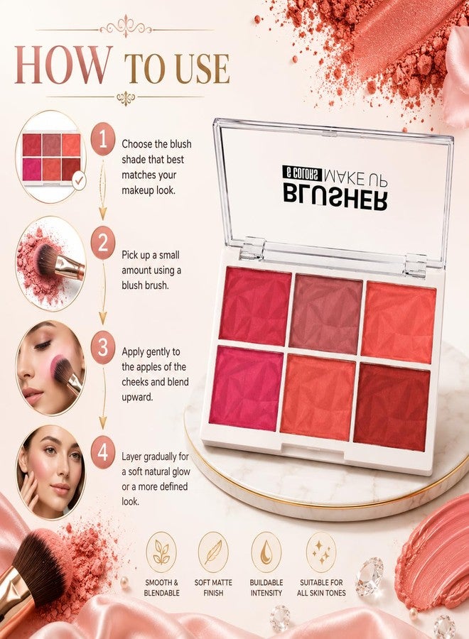 Color Blusher Makeup Palette for Women | Matte & Shimmer Shades | Long Lasting Blendable Face Blush Powder - Image 2