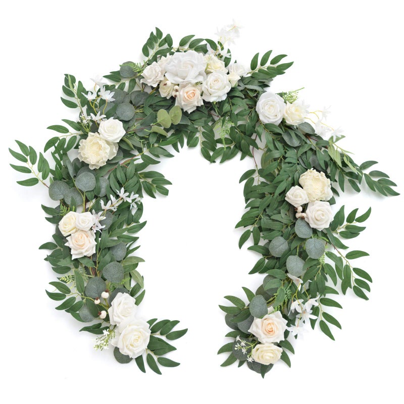Ling's moment Lings Moment Flower Garland  6FT Eucalyptus  Rose  Sweetheart Table Decor for Wedding Reception Artificial Floral Garland for Mantle Spring Garden Ceremony Christmas Decoration Ivory White 
