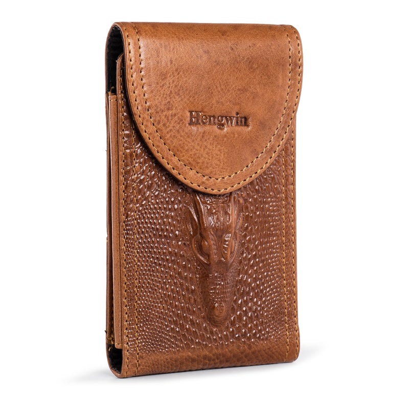 Hengwin Genuine Leather Phone Holster Fits for iPhone 16 Pro Max 15 Plus 14 Pro Max Samsung Galaxy A15 Note 9 8 S23 S22 S21 FE S20 Ultra Holster Waist Pouch Belt Clip Case Cell Phone Holder Brown - Image 2