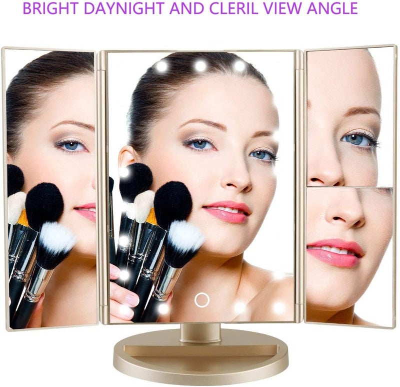 DeWEISN Floor Mount Tri-Fold Lighted Vanity Mirror with 21 LED Lights, Touch Screen and 3X/2X/1X Magnification, Two Power Supply Modes Make Up Mirror,Travel Mirror - Image 3