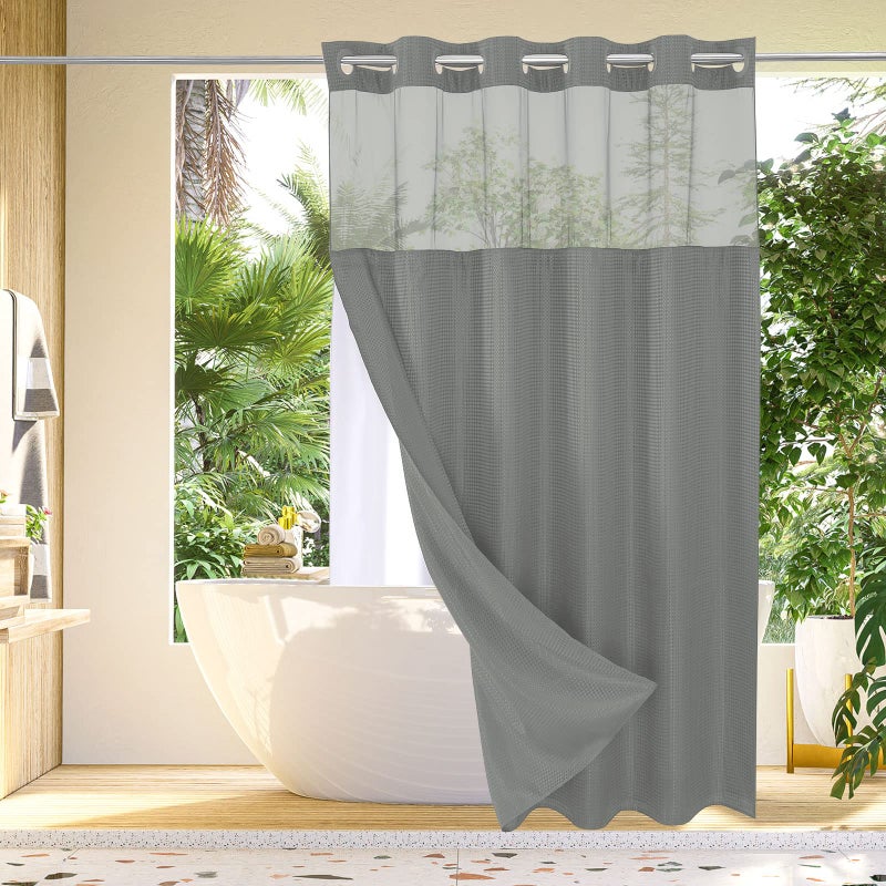 Gibelle Extra Long Shower Curtain 72x86  Waffle Weave Bathroom Shower Curtain with Snap-in Fabric Liner Set  No Hooks Needed  Hotel Style with Mesh Top Window  Grey - Image 1