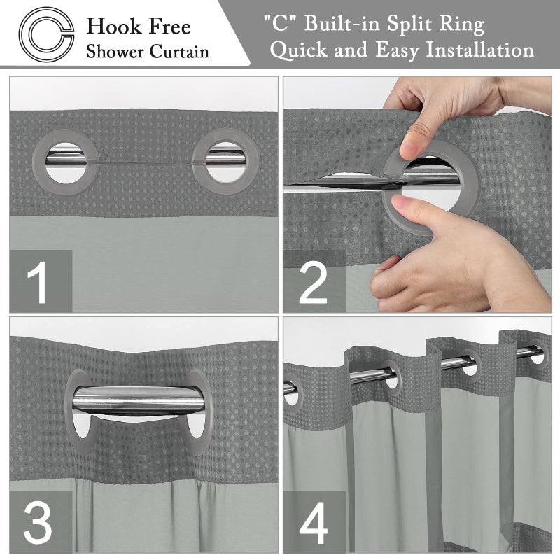 Gibelle Extra Long Shower Curtain 72x86  Waffle Weave Bathroom Shower Curtain with Snap-in Fabric Liner Set  No Hooks Needed  Hotel Style with Mesh Top Window  Grey - Image 4