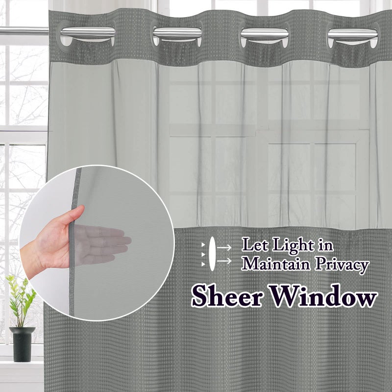 Gibelle Extra Long Shower Curtain 72x86  Waffle Weave Bathroom Shower Curtain with Snap-in Fabric Liner Set  No Hooks Needed  Hotel Style with Mesh Top Window  Grey - Image 2
