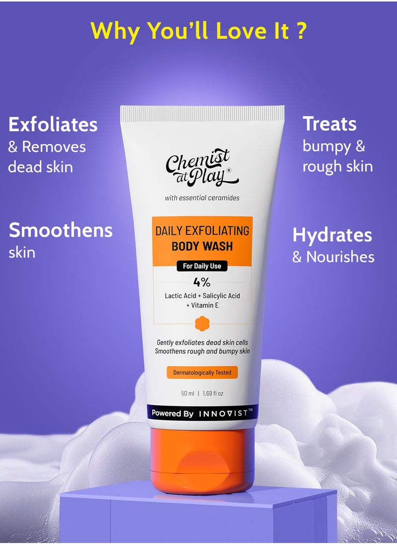 Chemist at Play Chemist At Play Exfoliating Body Wash 50ml | 4% (Salicylic Acid, Vitamin E and Lactic Acid) | Paraben & SLS Free | Gentle Exfoliating Shower Gel | Removes Tan| Prevents Dry, Rough, Bumpy Skin | Men & Women  - Image 2