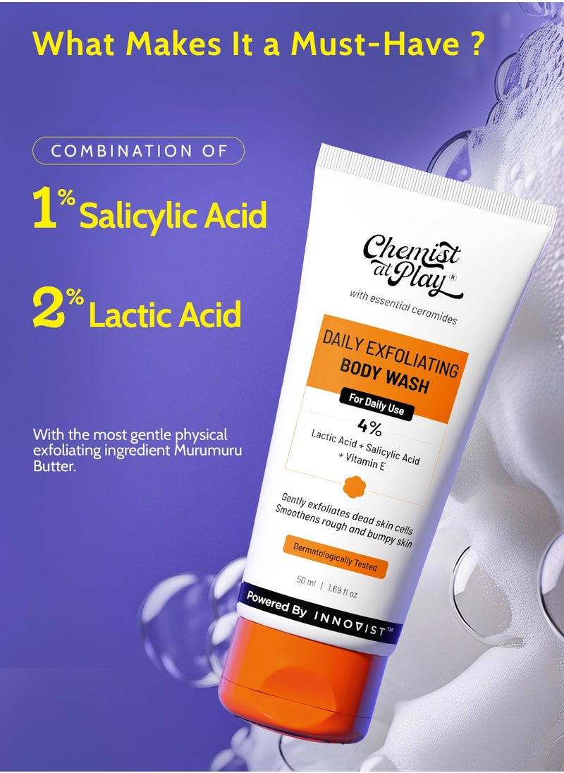 Chemist at Play Chemist At Play Exfoliating Body Wash 50ml | 4% (Salicylic Acid, Vitamin E and Lactic Acid) | Paraben & SLS Free | Gentle Exfoliating Shower Gel | Removes Tan| Prevents Dry, Rough, Bumpy Skin | Men & Women  - Image 3