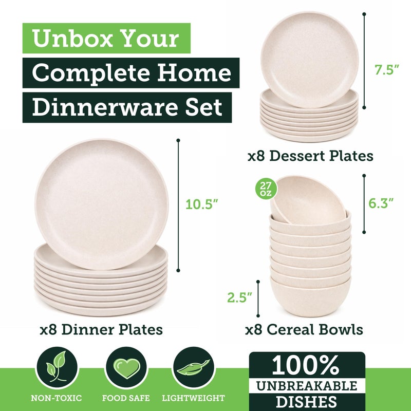 Grow Forward 24-piece Premium Wheat Straw Dinnerware Sets for 8 - Unbreakable Dishwasher & Microwave Safe Plastic Plates and Bowls Sets - Patio, Outdoors, RV, Camping Dishes - Sahara - Image 3