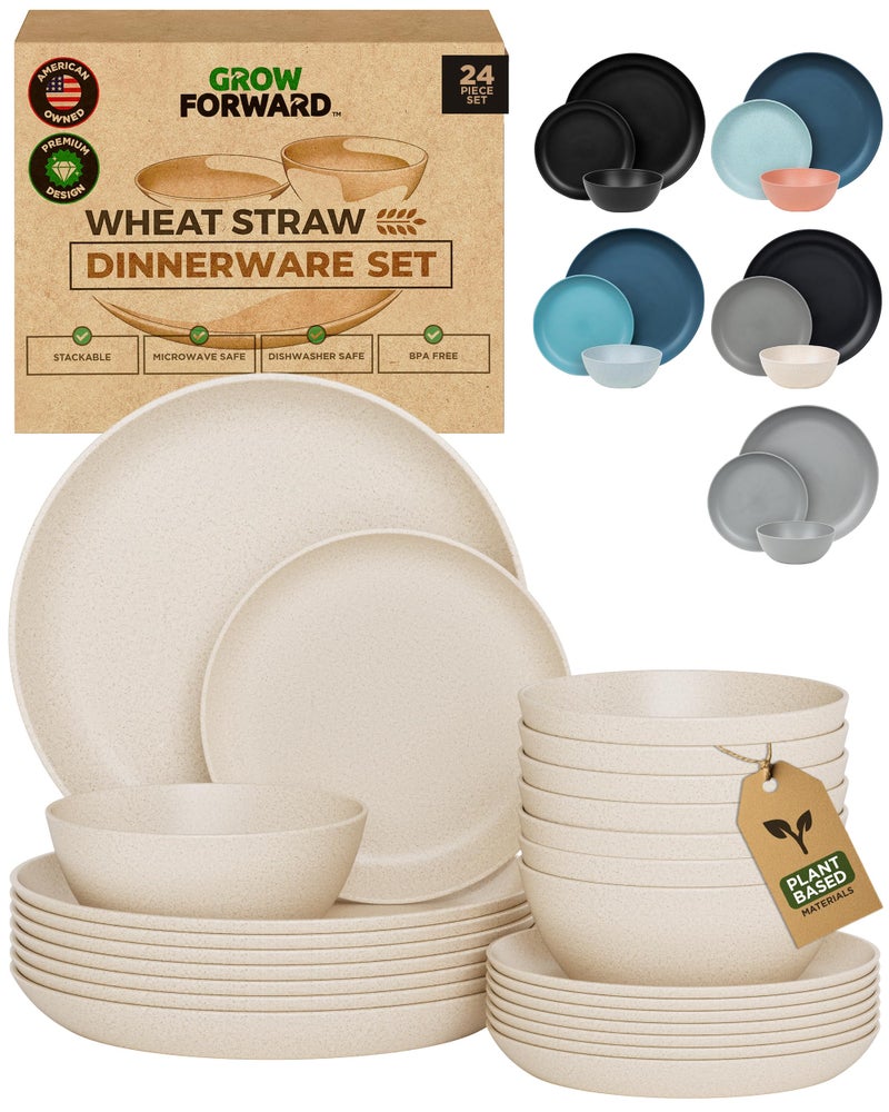 Grow Forward 24-piece Premium Wheat Straw Dinnerware Sets for 8 - Unbreakable Dishwasher & Microwave Safe Plastic Plates and Bowls Sets - Patio, Outdoors, RV, Camping Dishes - Sahara - Image 1