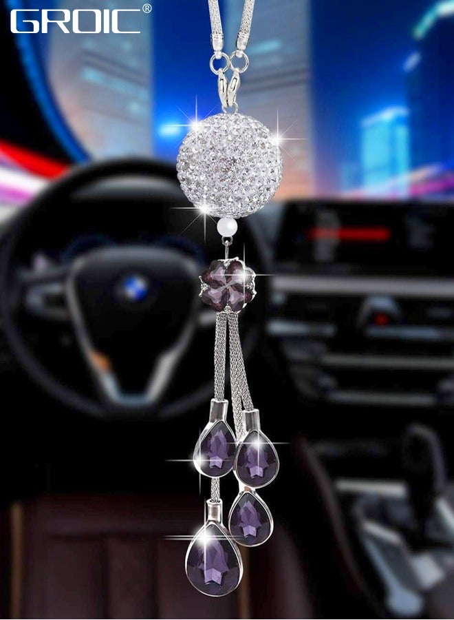 GROIC Bling Car Accessories, Rearview Mirror Ornaments, Car Rearview Mirror Hanging Accessories Car Decorations,Lucky Crystal Sun Catcher Ornament, Rear View Mirror Ball Charm - Purple - Image 1