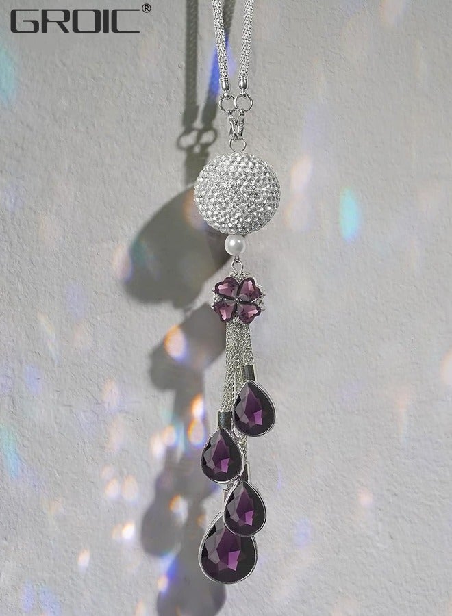 GROIC Bling Car Accessories, Rearview Mirror Ornaments, Car Rearview Mirror Hanging Accessories Car Decorations,Lucky Crystal Sun Catcher Ornament, Rear View Mirror Ball Charm - Purple - Image 2