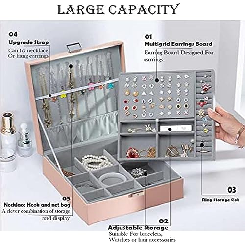 KRESHU Stylish 2 Layer PU-Leather Jewelry Box | Large Capacity Travel Safe Storage Organizer | Case with Removable Tray for Woman’s/Girl’s Necklaces, Earrings, Rings, Bracelets, Bangles (PINK) - Image 4